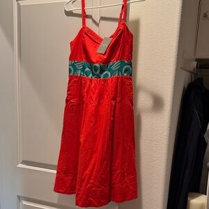 Anthropologie Vibrant Red Midi Dress with Teal Accents